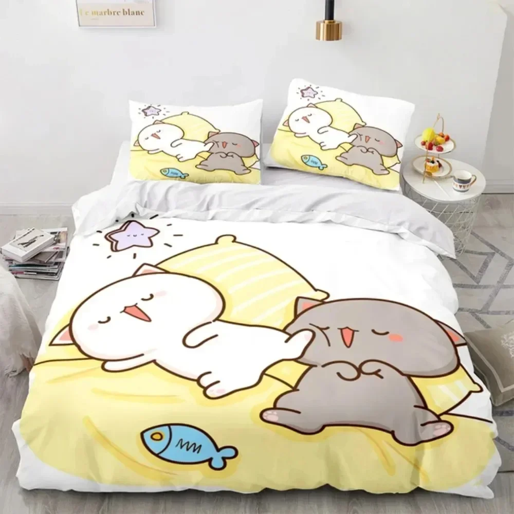 Linen Duvet Cover - ชุดเครื่องนอนลายการ์ตูนแมวพีช 3 มิติ น่ารัก พร้อมปลอกผ้านวม ปลอกหมอน