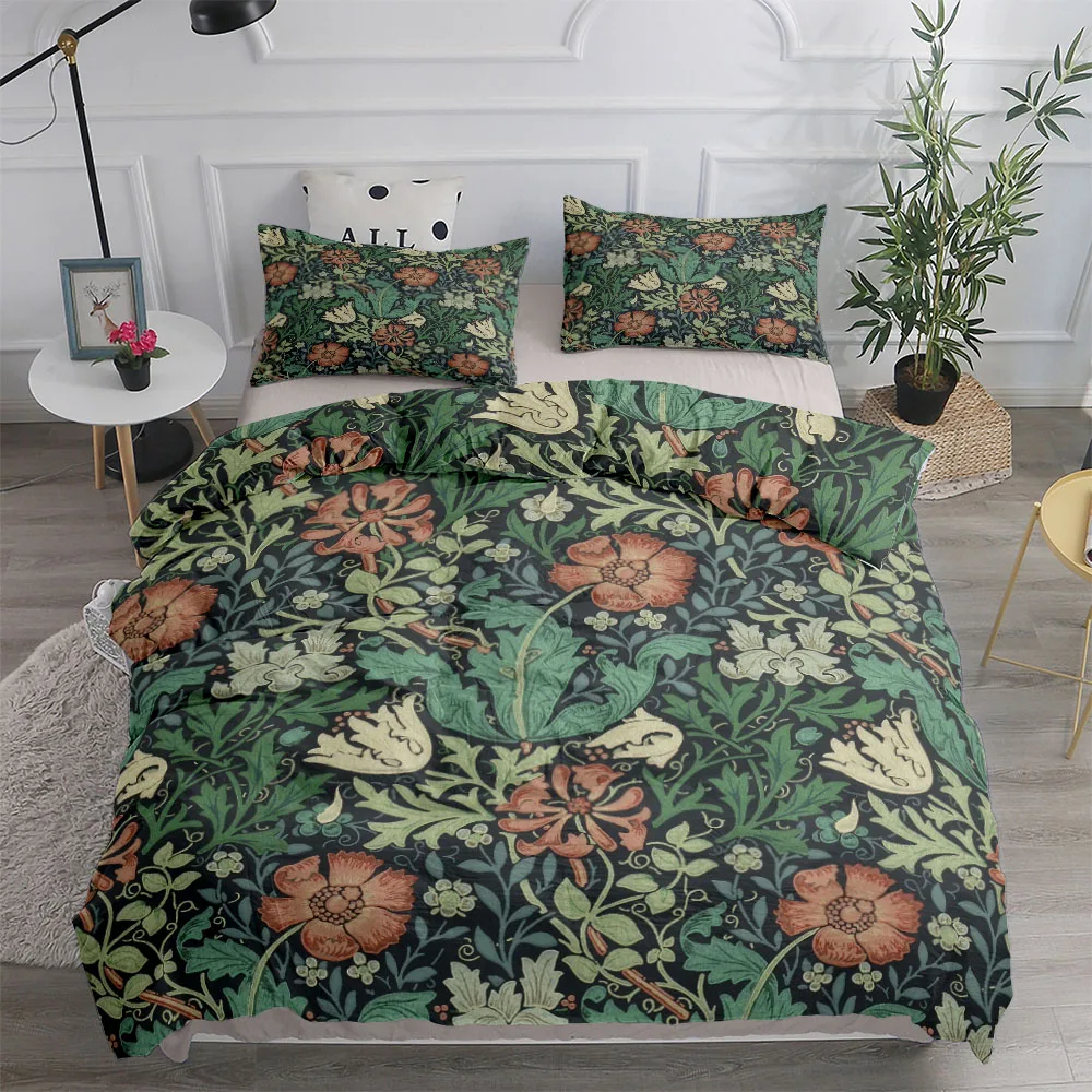Linen Duvet Cover - ชุดผ้าปูที่นอนลายดอกไม้และนกสไตล์นีโอคลาสสิก William Morris ขนาด EU เดี่ยว