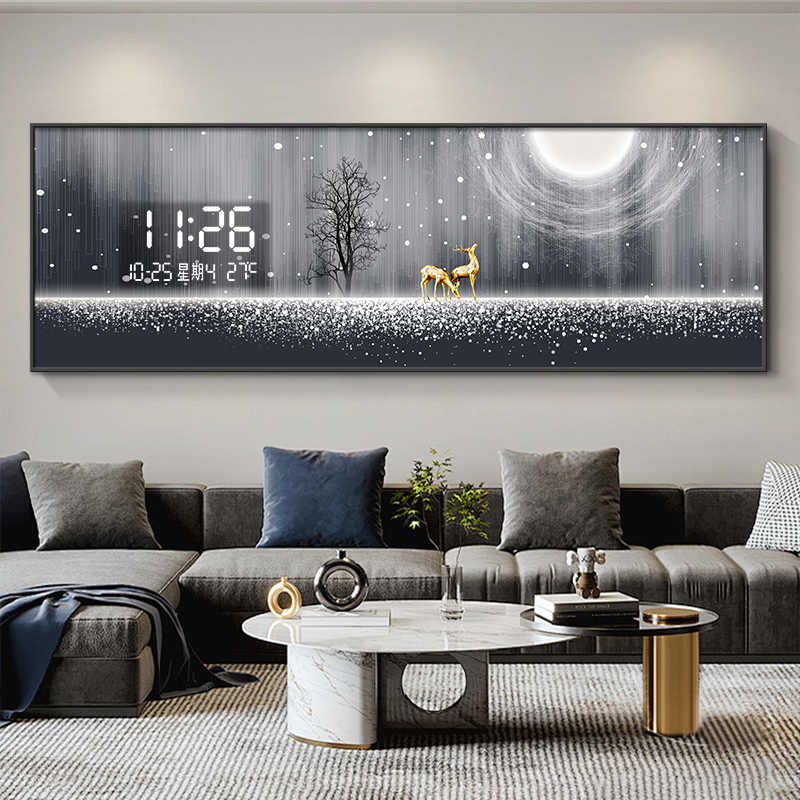 Luxury Lifestyle Background - ภาพตกแต่งห้องนั่งเล่นลายกวางหรูหรา นาฬิกาอิเล็กทรอนิกส์ ภาพแขวนผนังหลังโซฟา ภาพจิตรกรรมฝาผนัง