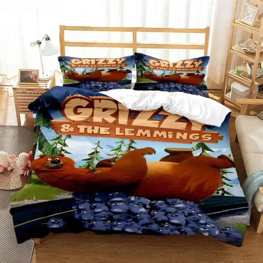 Linen Duvet Cover - Grizzly และ Lemmings การ์ตูนอะนิเมะพิมพ์ชุดผ้านวมปลอกหมอนชุดเครื่องนอนผ้าลินินแผ่นผ้านวมขนาดเตียงเต็ม