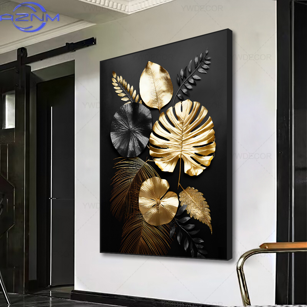 Luxury Lifestyle Japan - AZNM หรูหราสีดำทองใบไม้โปสเตอร์ผ้าใบพิมพ์ศิลปะนามธรรมสมัยใหม่ตกแต่งผนังภาพวาดห้องนั่งเล่นของขวัญ