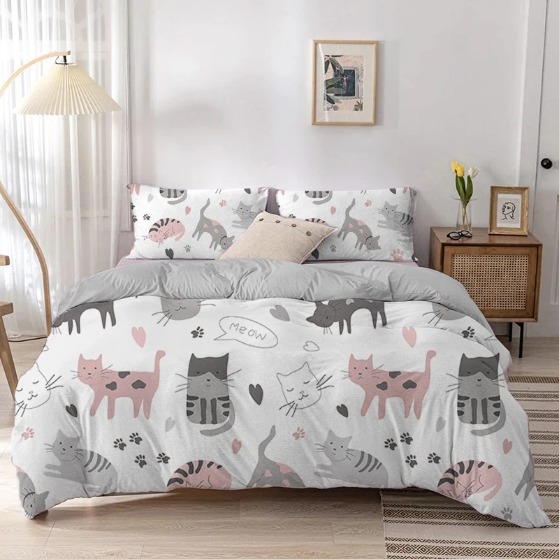 การ์ตูนแมวผ้านวมชุดการ์ตูนพิมพ - Linen Duvet Cover บทวิจารณ์และราคา